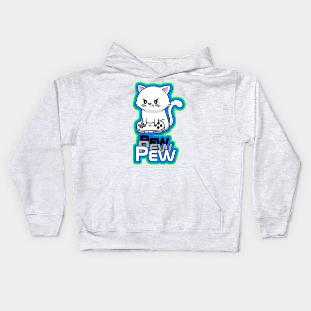 Gamer Cat Pew Pew Pew Kids Hoodie by AlondraHanley